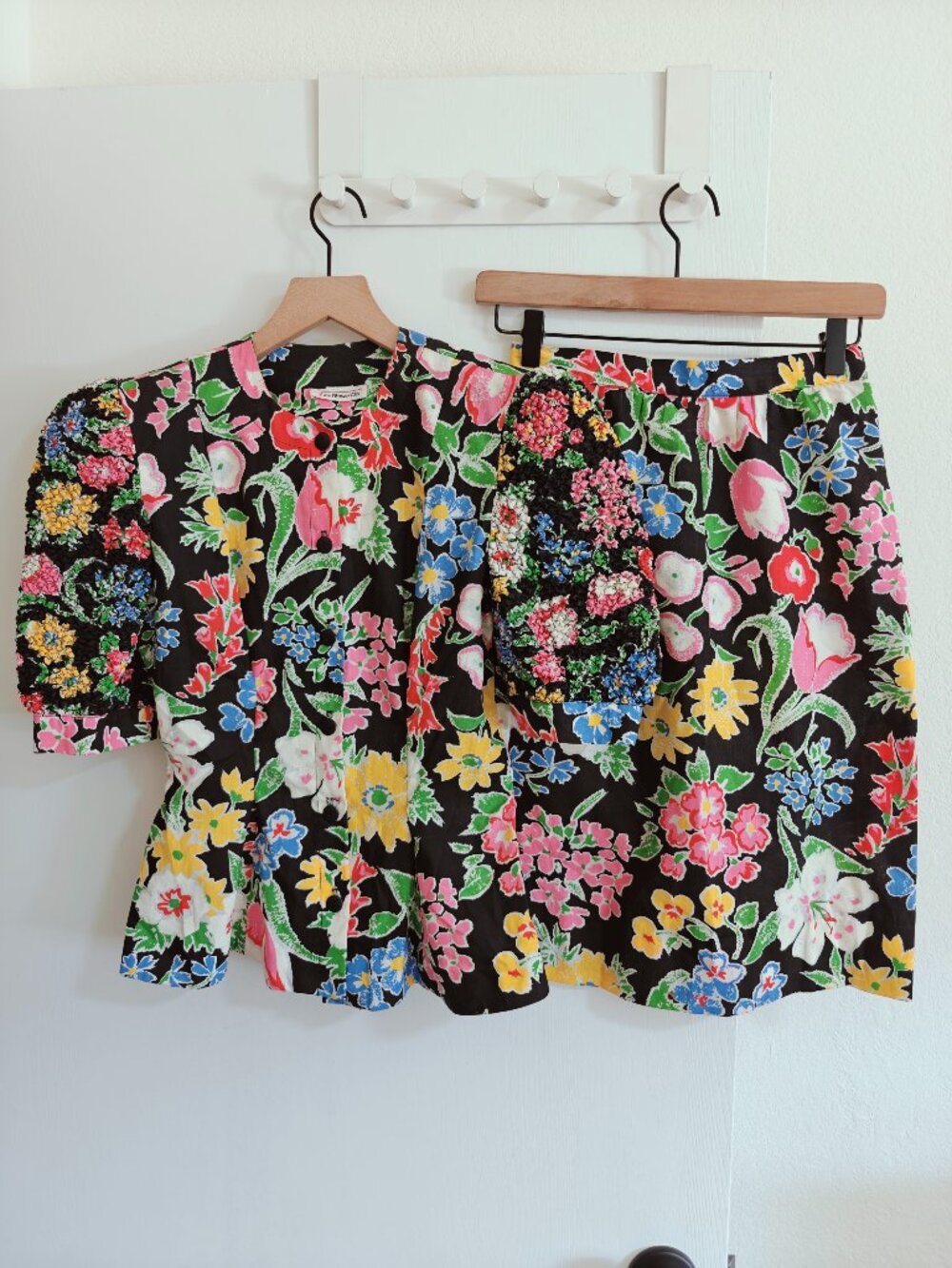 Vintage Talbots Floral 2 Piece Skirt Set Puff Sleeve Union Made USA Sz XS